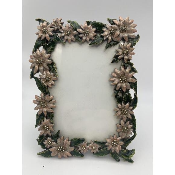Vintage Metal Enamel Blue Rhinestones & Flowers Photo Frame Easel Holds 4X6” - Picture 4 of 6